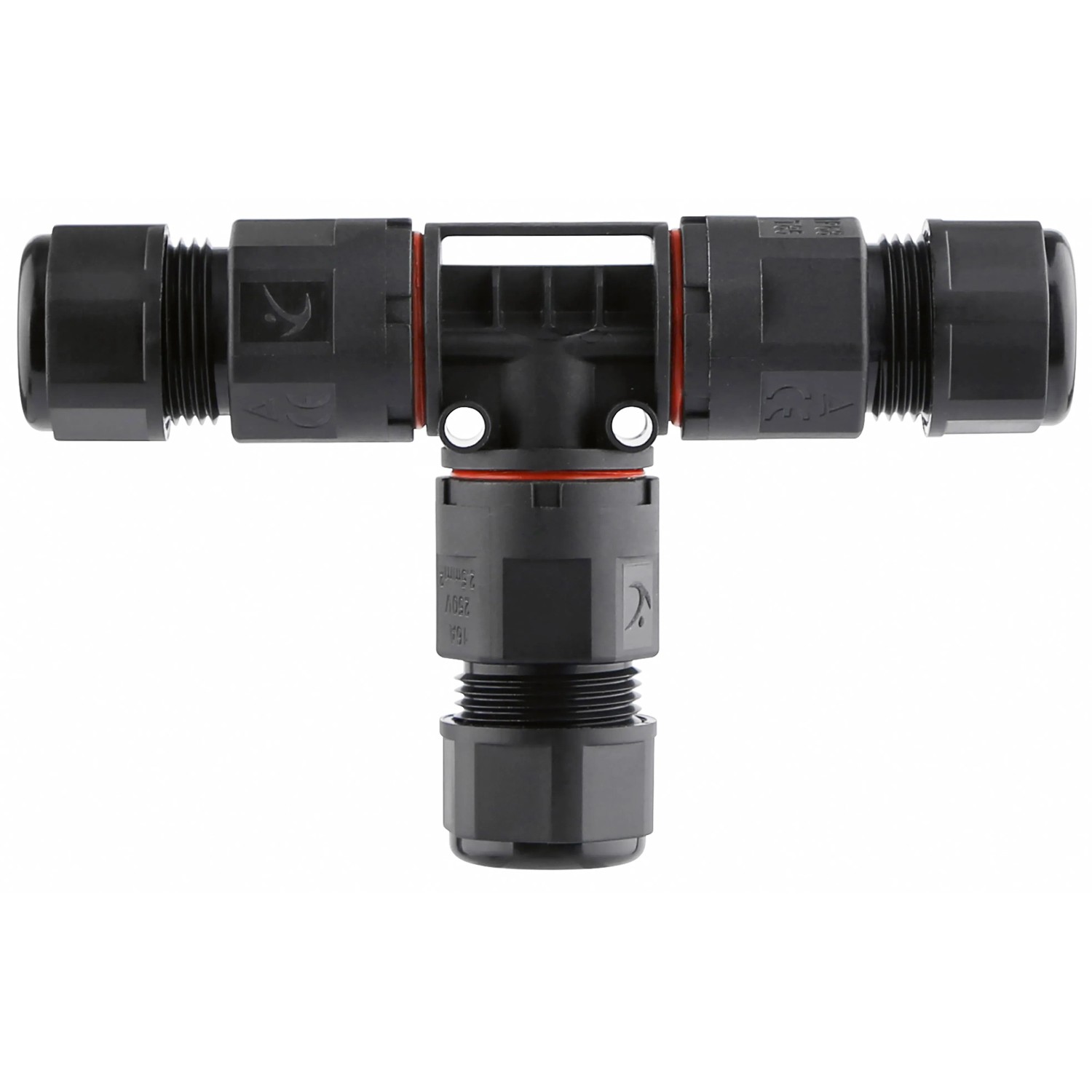 Wasserdichter T-Stecker IP68 für Kabel 3 x 1,0-2,5 mm² in Schwarz.