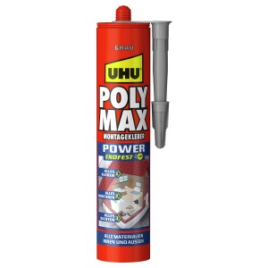 UHU Poly Max Montagekleber Power Grau, 425g Kartusche für vielfältige Anwendungen.