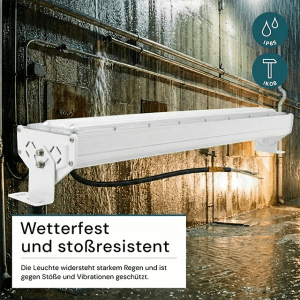 Weiße LUXULA LED Hallenleuchte 100W, lineare Bauform, an Wand montiert.