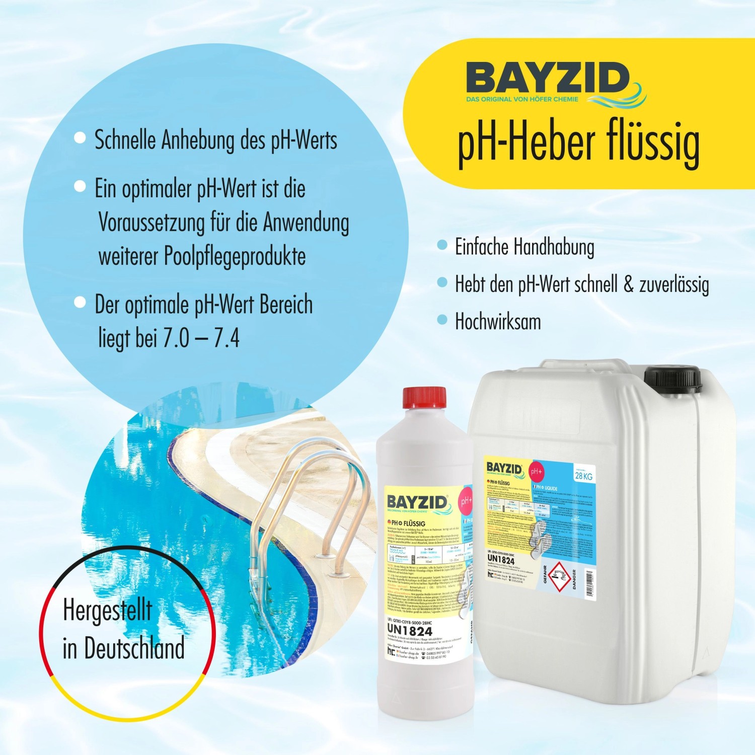 Bayzid pH Plus Flüssig, 24 x 28kg Kanister zur pH-Wert Regulierung im Pool.