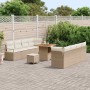 11-teiliges Gartensofa-Set aus Rattan und Akazie in Beige mit Tisch und Kissen.