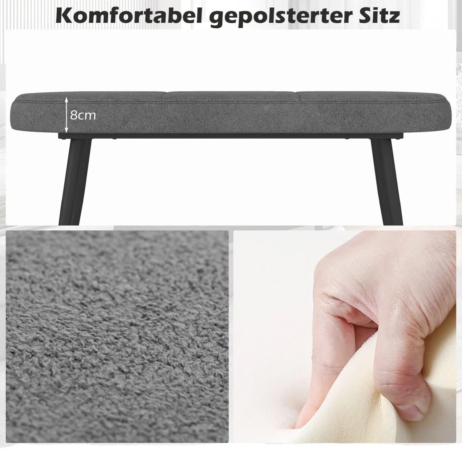 Graue Costway Polsterbank mit 8cm dickem Sitzkissen. Detailansicht von Stofftextur und weicher Schaumstofffüllung. Ideal als Schuhbank.