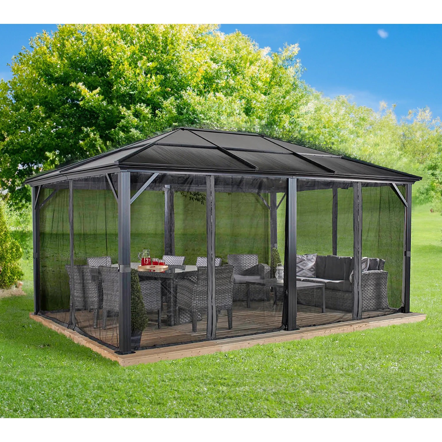 Sojag Pavillon Meridien 12x16 Anthrazit mit Moskitonetzen und Gartenmöbeln.