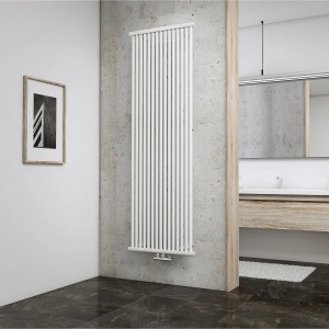 Schulter Design-Heizkörper Kiel, Alpinweiß, Mittenanschluss. Moderner Badheizkörper mit vertikalen Heizrohren.
