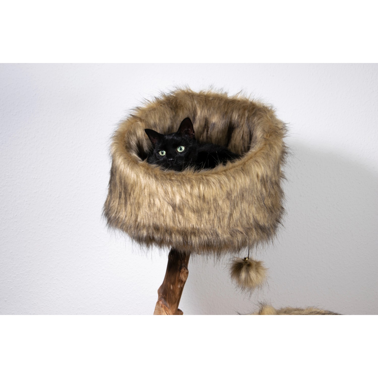 Schwarze Katze im flauschigen Dobar Design Katzenmöbel Sunny Katzenhaus.