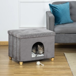 Graue PawHut 2-in-1 Katzenhöhle mit Kissen und Katze im Eingang.