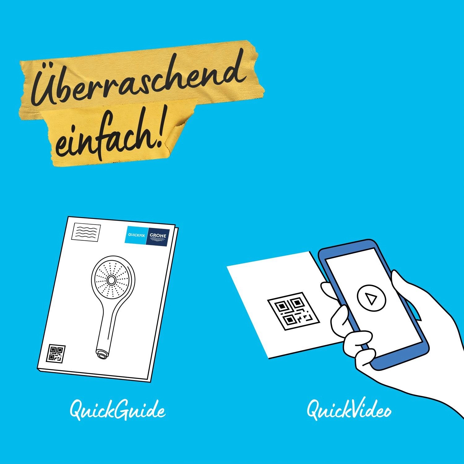 Grohe QuickFix Handdusche: Illustration von QuickGuide und QuickVideo für einfache Installation.