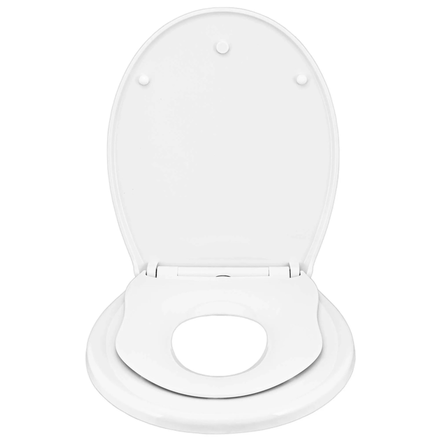 Weißer Banjado Familien WC-Sitz mit Kindersitz und Erdkugel Motiv, geöffnet.