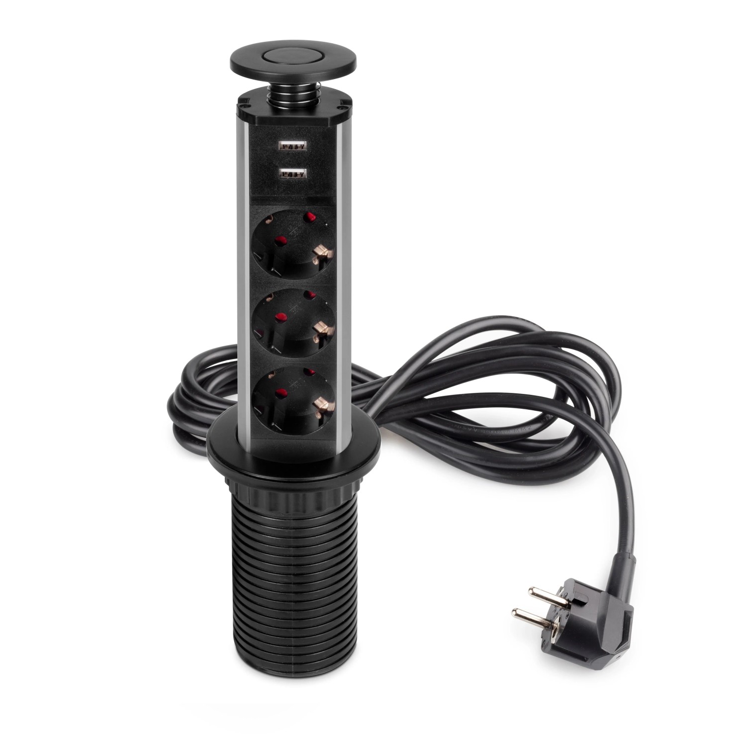 Emuca Abnehmbarer Multistecker Vertikal 3 Schuko Stecker 2 USB Typ A Kunststoff und Aluminium Schwarz Metallic