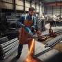 Mann schneidet Metall mit dem Bosch Professional Winkelschleifer GWS 20-230 J. Funken fliegen.