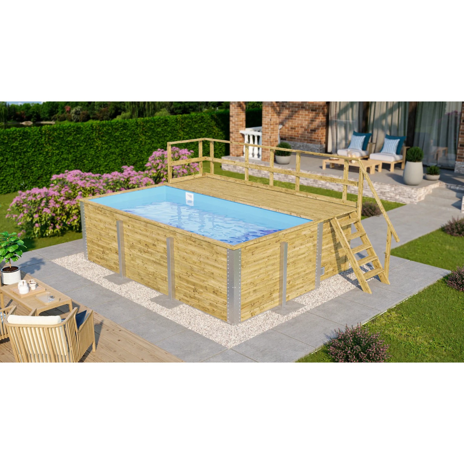 Rechteckiger Weka Holzpool mit Sonnendeck, Technikraum und blauer Folie im Garten.