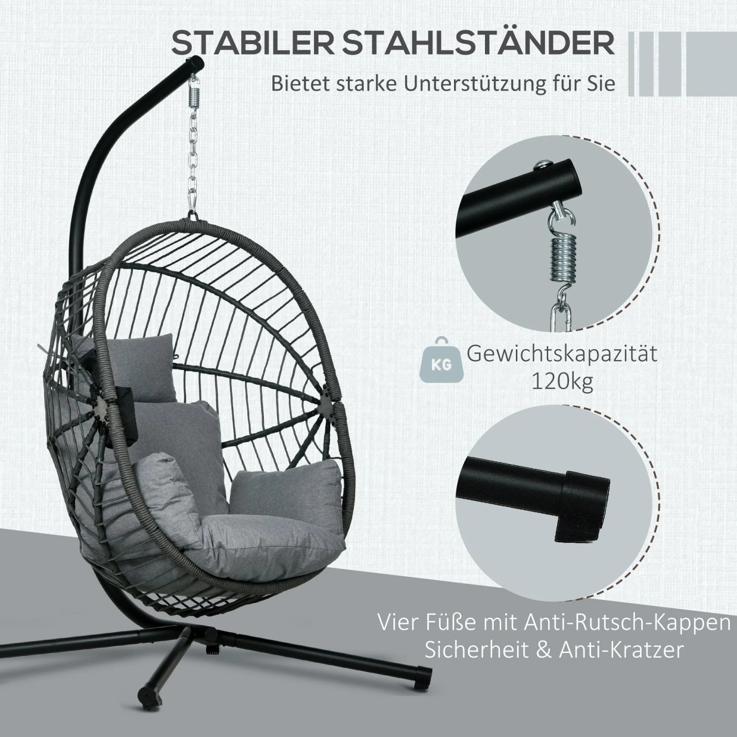 Grauer Furnicato Hängesessel mit Stahlgestell und Polster für Outdoor, Egg-Chair Design.