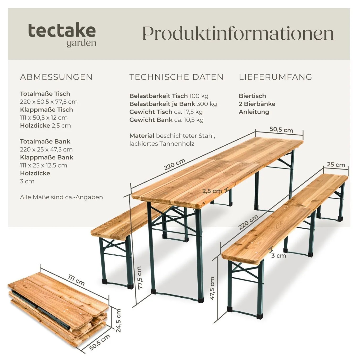 Tectake Bierzeltgarnitur Ralf 3 Teilig  Klappbar Tisch 220 x 50 5 x 77 5 cm  Bank 220 x 25 x 47 5 cm  220 x 50 50 x 77 50 cm Braun_6