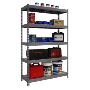 Graues PROREGAL Schwerlastregal Metal Yeti Light Five mit fünf Fachböden und diversen Gegenständen.