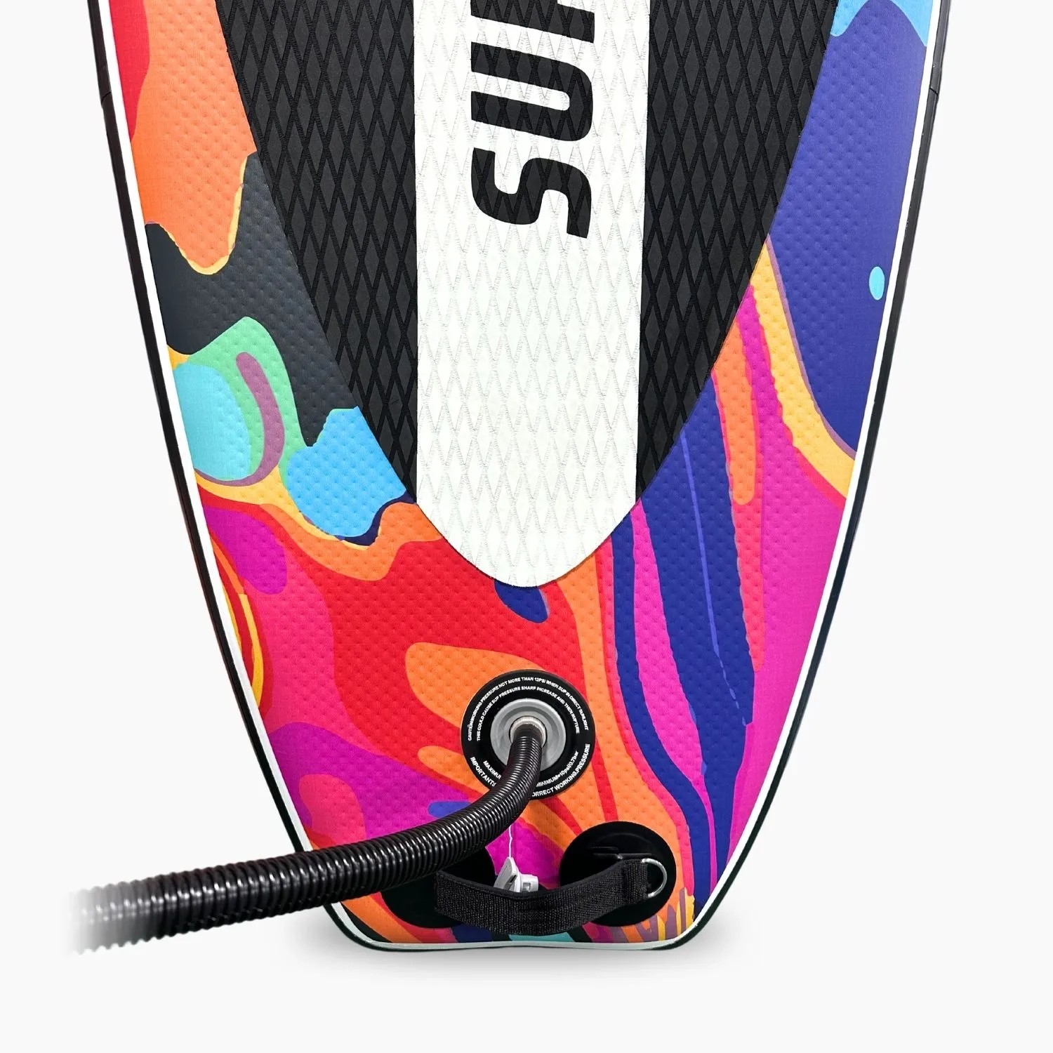 Detail des Suprfit SUP Boards Water Marble: buntes, marmoriertes Design, rutschfestes Pad, Ventil, Leash-Befestigung.