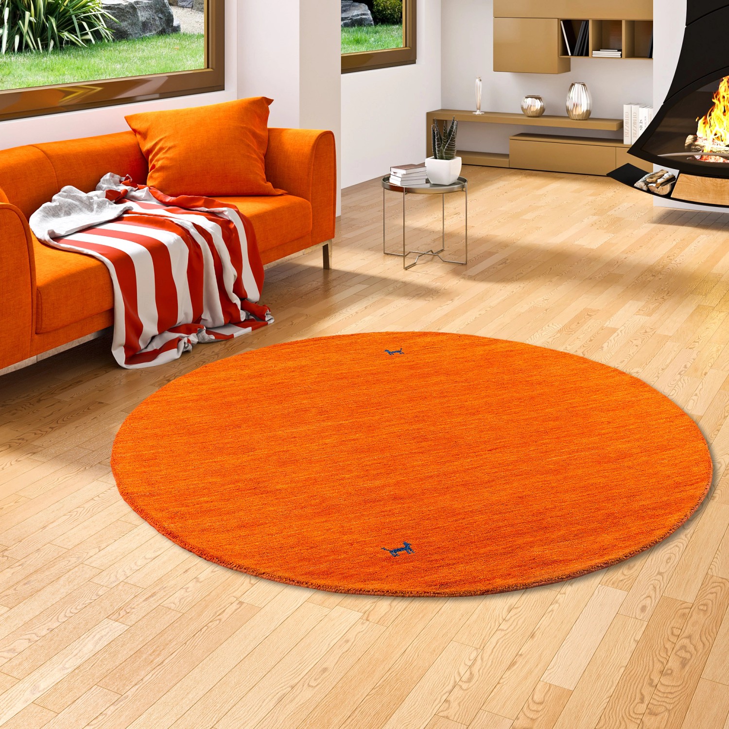 Runder, terrakottafarbener Teppich Indo Nepal Gabbeh Shiva Natur, 150cm Durchmesser.