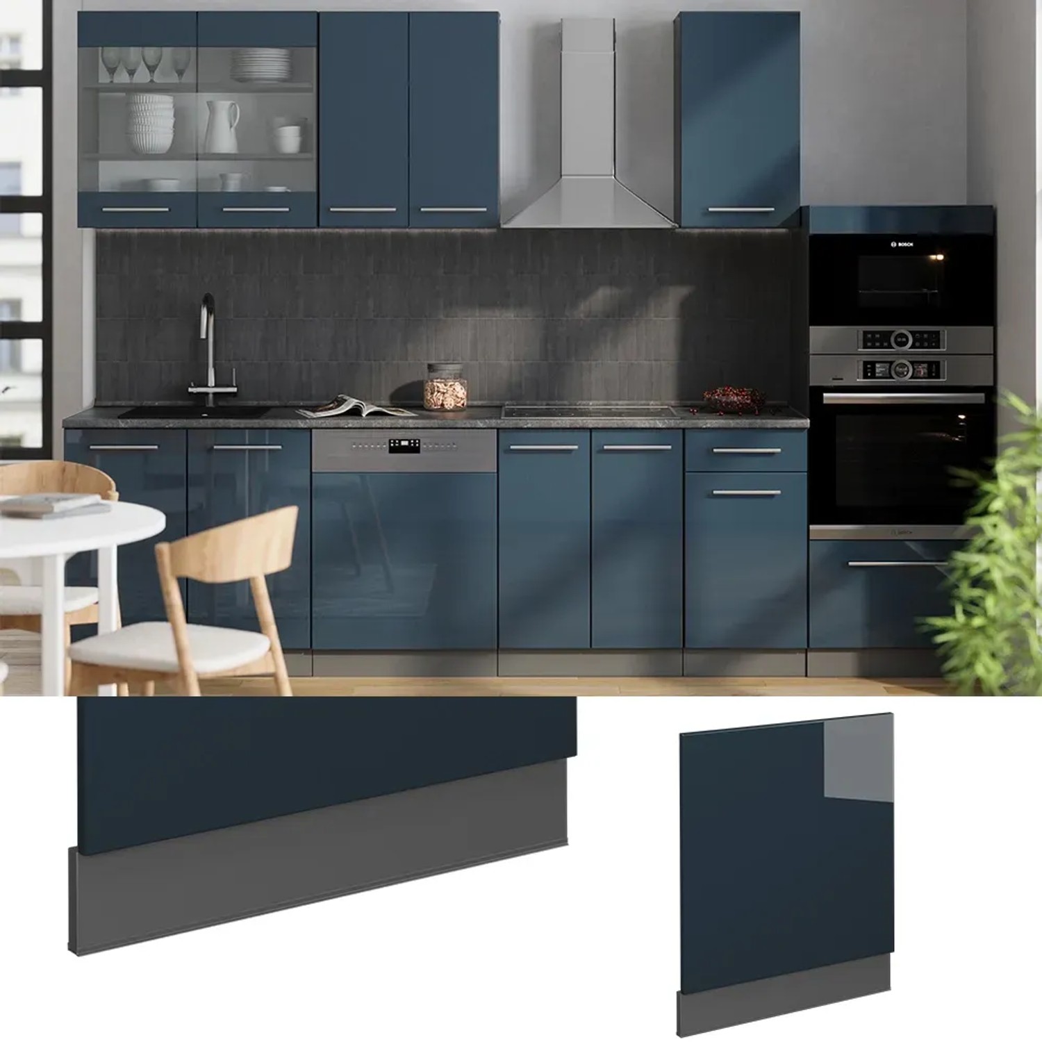 Vicco Frontblende für Geschirrspüler, dunkelblau hochglanz, 60 cm, mit anthrazitfarbenem Korpus.