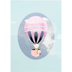 Komar Wandbild Happy Green (30x40 cm) mit Lama im rosa Heißluftballon vor blauem Himmel.