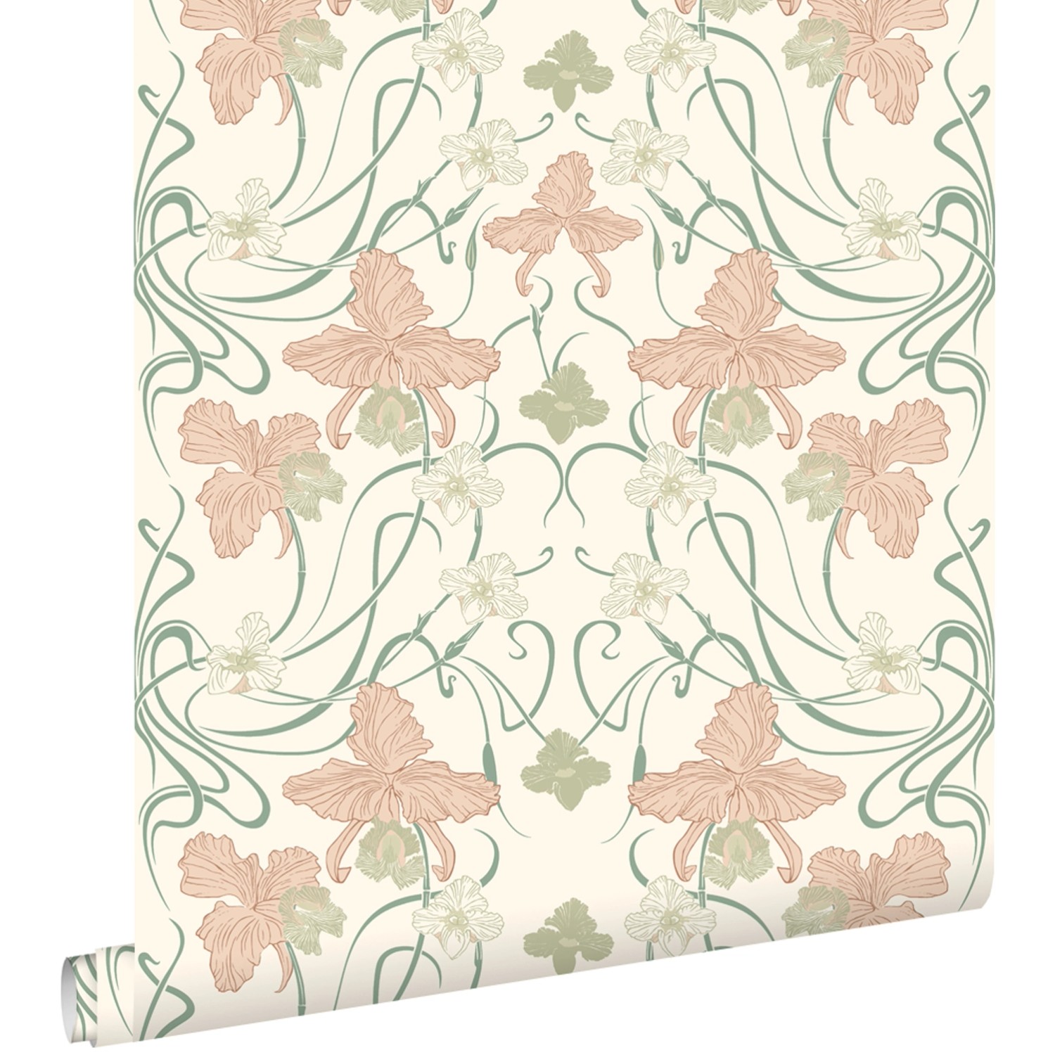 ESTAhome Tapete Blumenmuster im Jugendstil Crême-Weiß Hellrosa und Graugrün günstig online kaufen