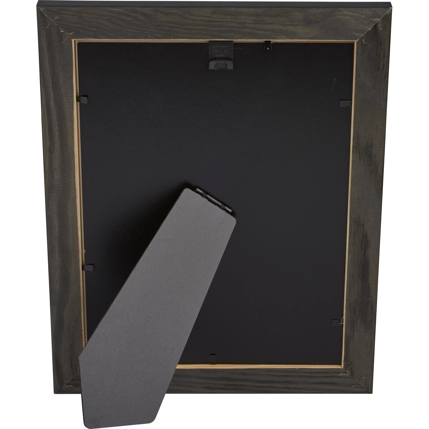 Schwarzer Holz-Bilderrahmen (10x15 cm) mit Aufsteller und Wandhalterung.