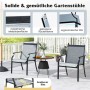 2er Set blaue Gartenstühle mit schwarzem Metallrahmen, breiter Sitzfläche und ergonomischer Rückenlehne für Terrasse.