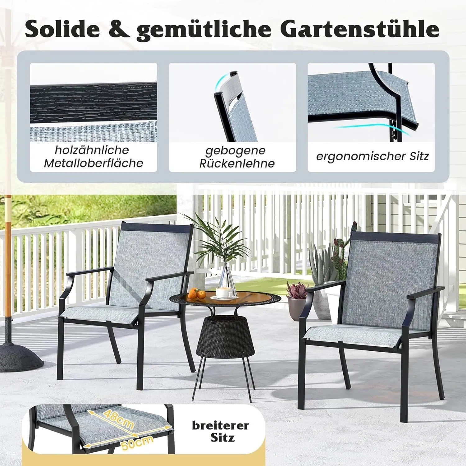 2er Set blaue Gartenstühle mit schwarzem Metallrahmen, breiter Sitzfläche und ergonomischer Rückenlehne für Terrasse.