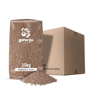 Sack Galamio Lavamulch rotbraun 2-8 mm, 25 kg, neben einem Versandkarton. Dekormulch für den Garten.