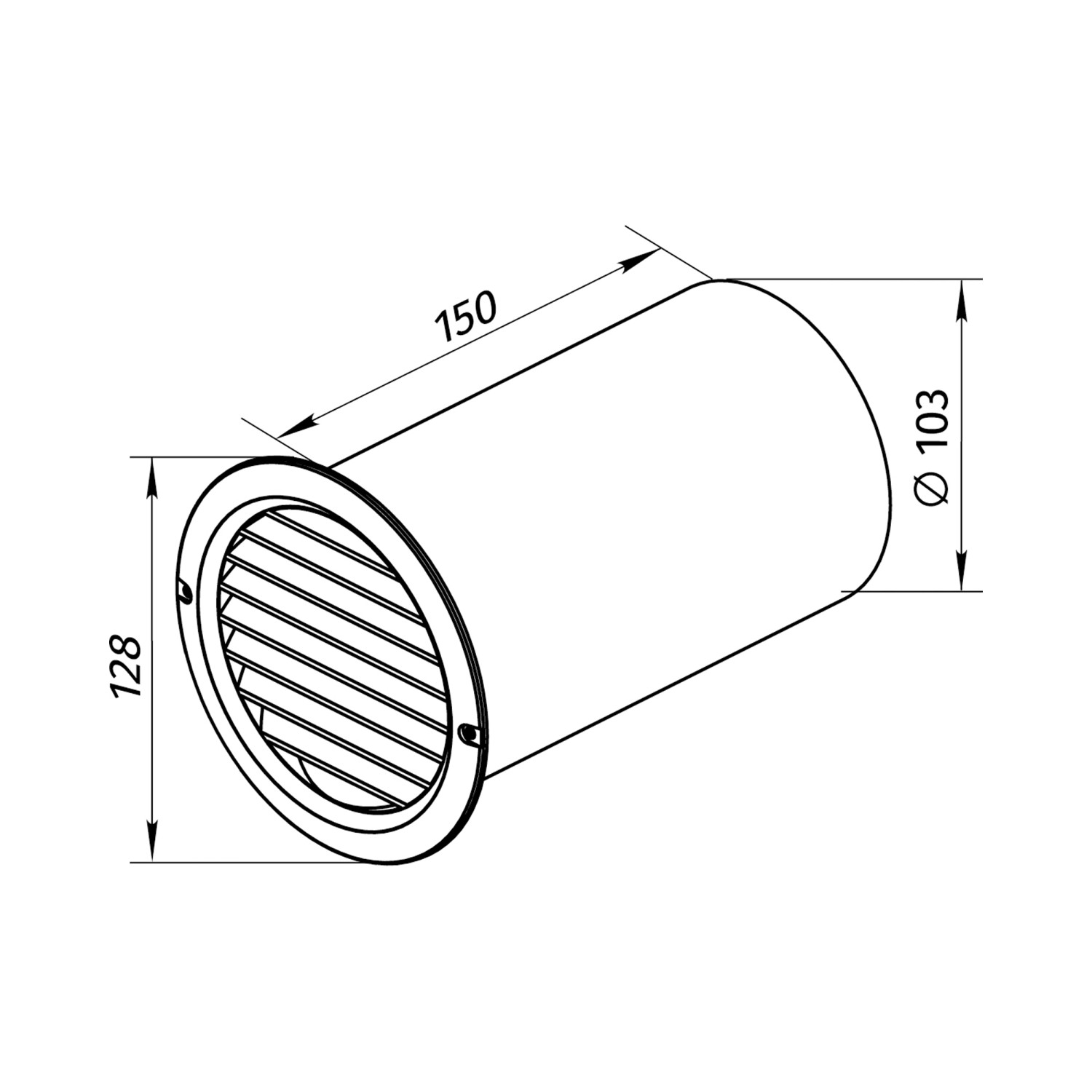 Dunkelgrauer Mauerlüfter mit Stutzen, technische Zeichnung mit Maßangaben.