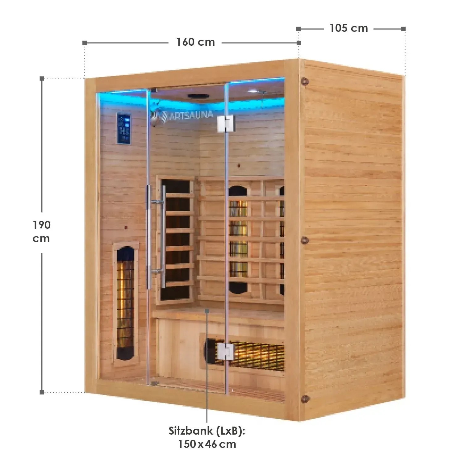 Artsauna Infrarotkabine Kiruna160 aus Hemlockholz mit Glasfront und LED-Beleuchtung.