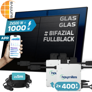 SUNNIVA Balkonkraftwerk 1000W mit bifazialen Glas-Glas Solarmodulen, Wechselrichter und Kabel.