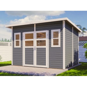 Graues Holz-Gartenhaus Bertilo Felix mit Doppeltür und Fenstern. Ideal zur Gartenaufbewahrung.