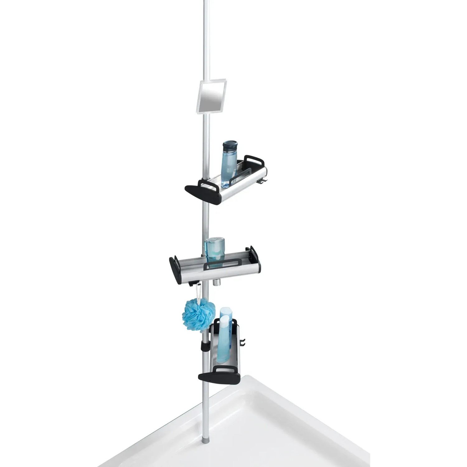 Wenko Teleskop Duschregal Line aus Aluminium mit drei Ablagen und Spiegel für Duschutensilien.