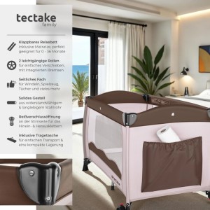 Tectake Kinder Reisebett  Klappbar Mit Großen Mesh Einsätzen und Seiteneingang  126 x 65 x 80 cm Coffee