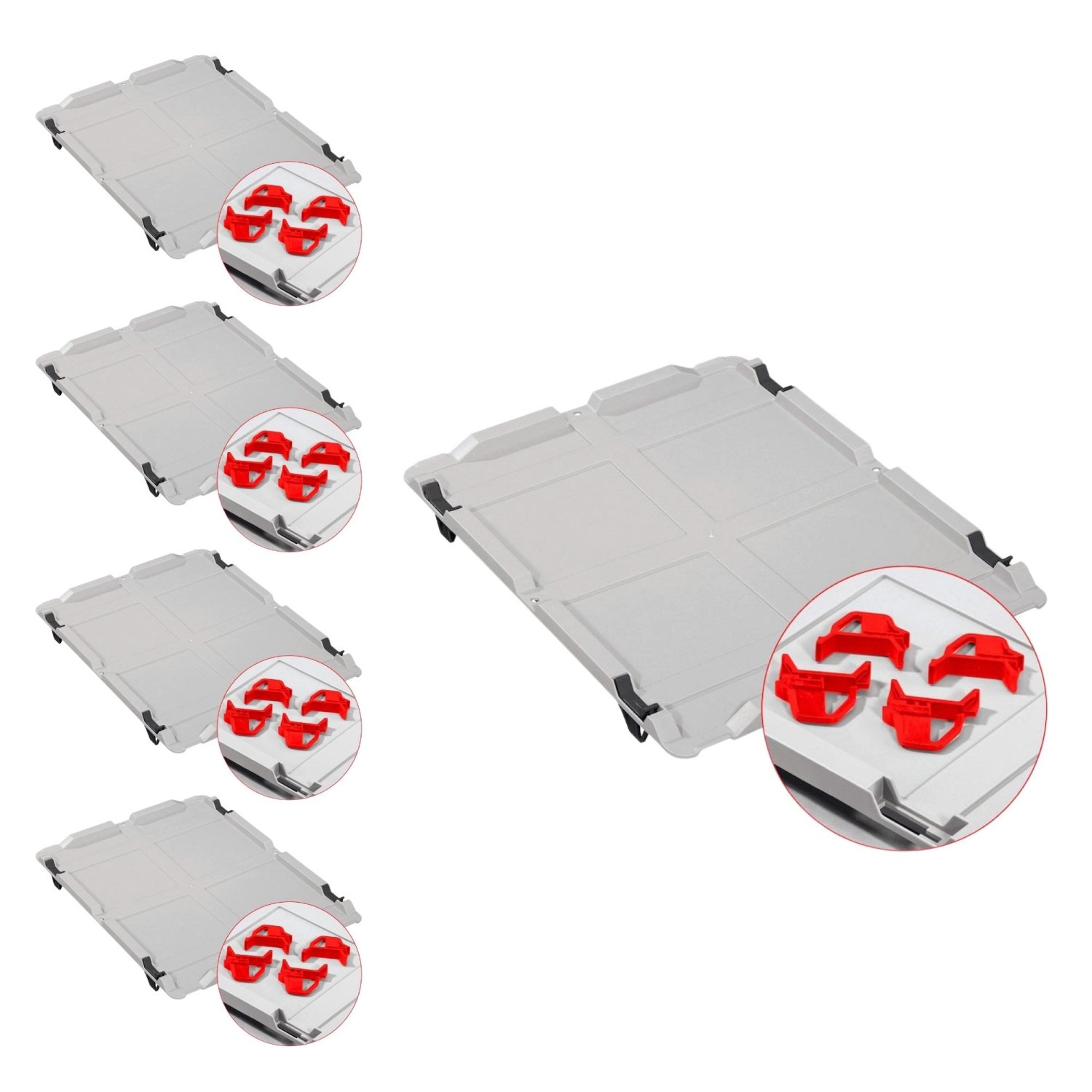 PROREGAL Spar Set: 5 graue Euroboxen mit Deckel und roten Schiebeschnappverschlüssen.