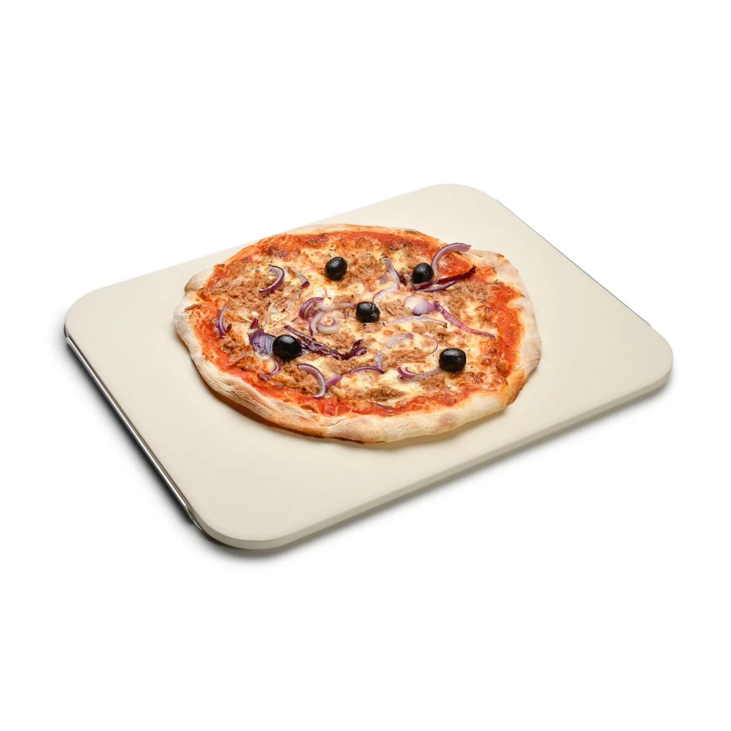 Taino Pizzastein mit Servierblech und Pizza, Grillzubehör für knusprige Pizza vom Grill oder Backofen.