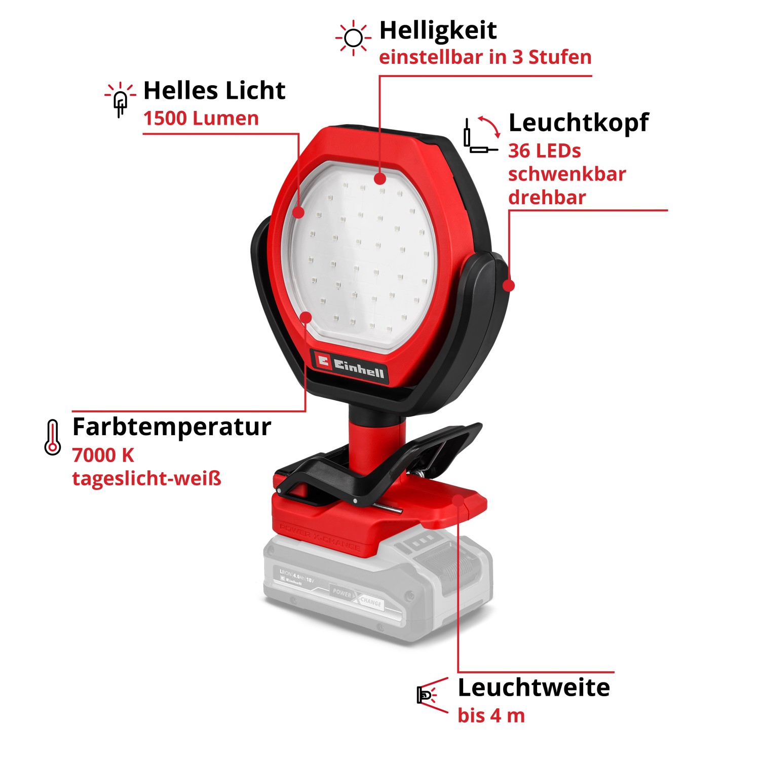 Einhell Akku-Outdoor-Lampe GC-OL 18/1500 Li-Solo: Rote Akku-Lampe mit LED-Leuchtkopf und Befestigungsklammer.