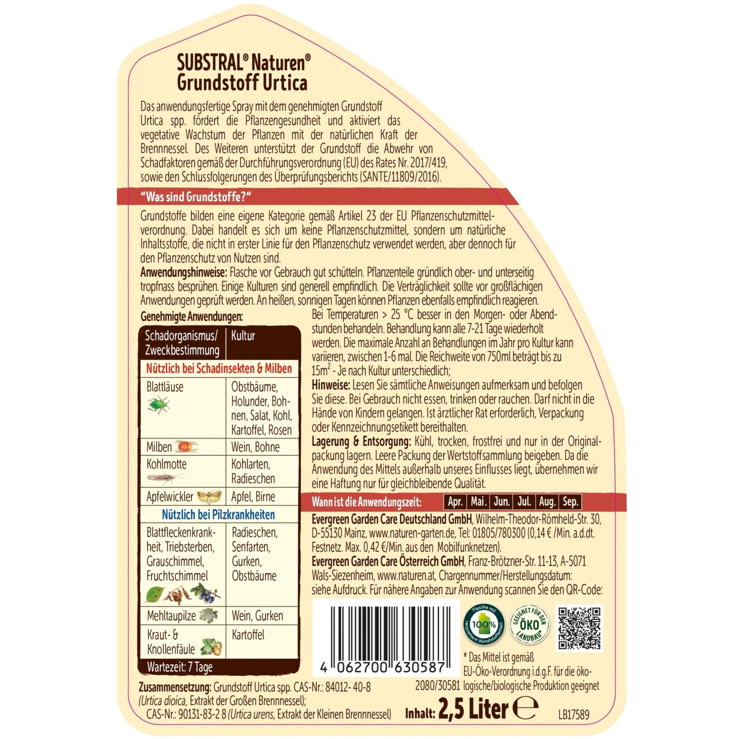 Substral Grundstoff Urtica Spray zur Pflanzenstärkung, 2,5L Flasche mit Anwendungsbeispielen.