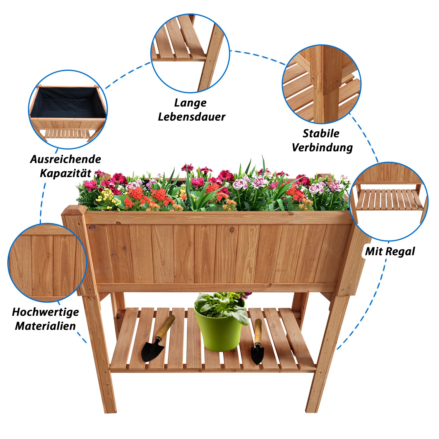 Coemo Kräuterbeet aus Holz mit Pflanzfolie, 90x40x90 cm. Hochbeet mit Ablage für Garten, Terrasse und Balkon.