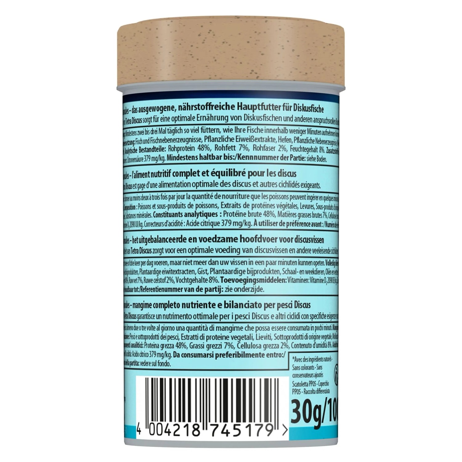 Tetra Discus Granules Fischfutter-Granulat in blau-beiger Dose, 100 ml, mit Nährwertangaben und Barcode.