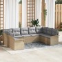 Beiges 9-teiliges vidaXL Garten-Sofa-Set aus Poly Rattan mit grauen Kissen.