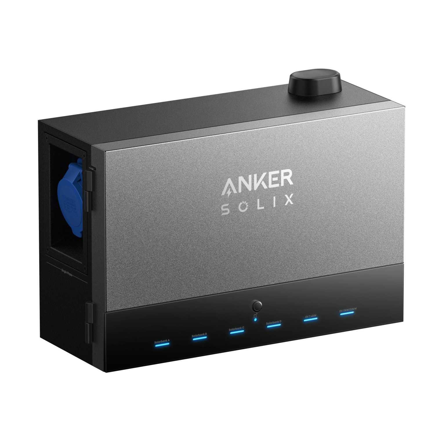 Anker Solix Power Dock für Balkonkraftwerke mit Anschlüssen und Solarbank Logo.