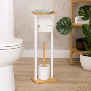 Relaxdays WC-Garnitur Bambus Eisen Weiß mit Ablage Freistehend 73,5 cm x 20 cm x 20 cm 1 kg