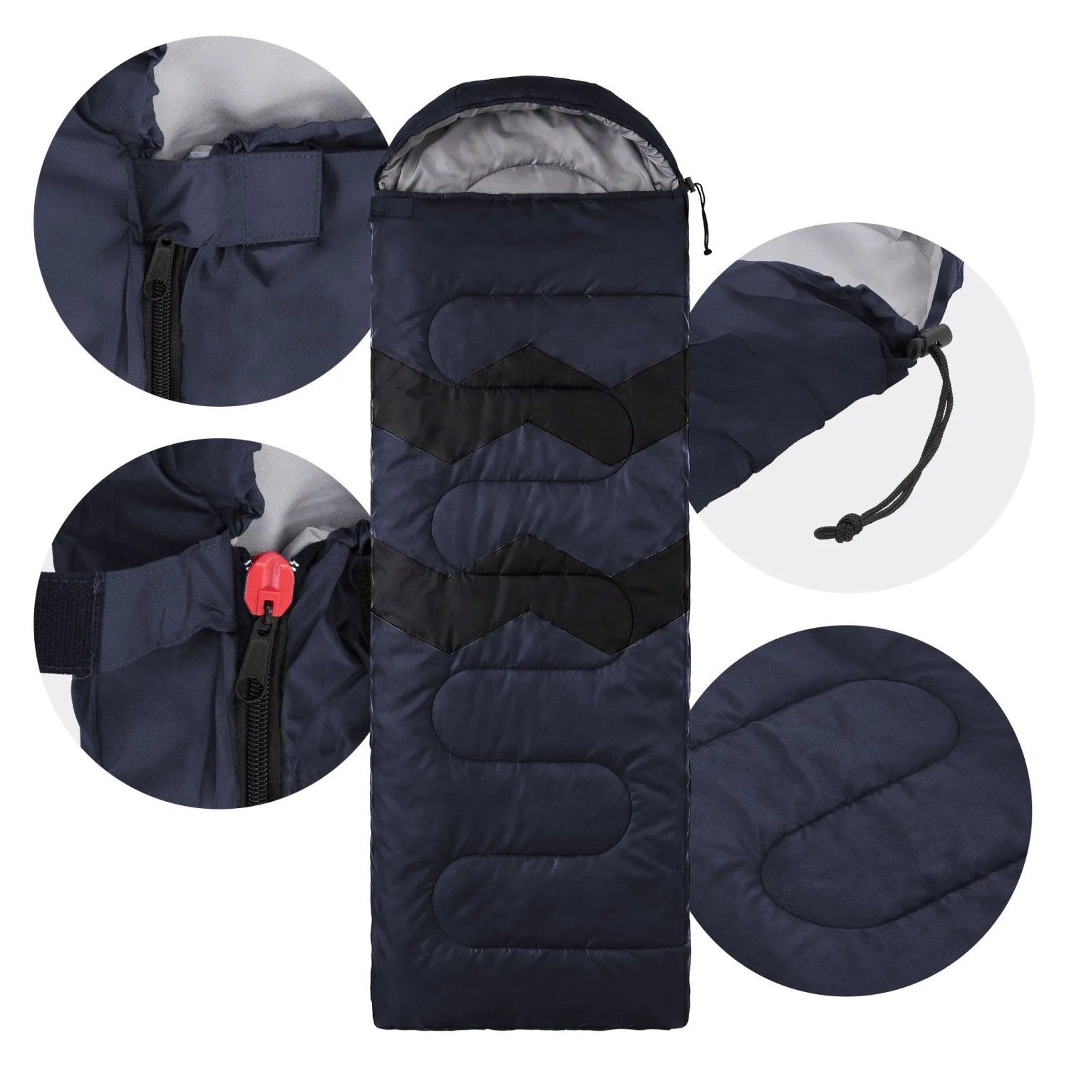 Dunkelblauer ECD Germany Schlafsack für Camping, 210x72 cm, mit Kapuze und Reißverschlussdetails.