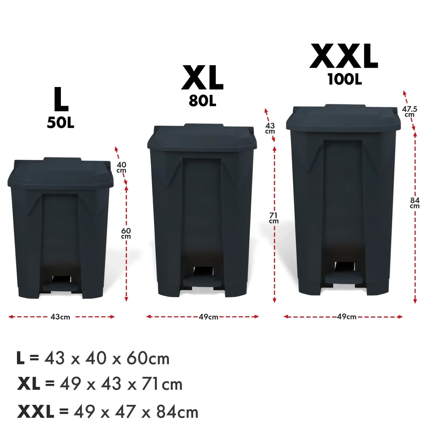 Graue KARAT Mülleimer Olaf in drei Größen (50L, 80L, 100L) mit Fußpedal und Maßangaben.