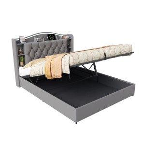PXloue Doppelbett 140x200 cm Jugendbett mit Stauraum LED & USB Ladestation Grau