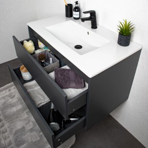 Badmöbel-Set Cleo in Grau-Anthrazit mit offenem Schubladen und LED-Spiegelschrank.