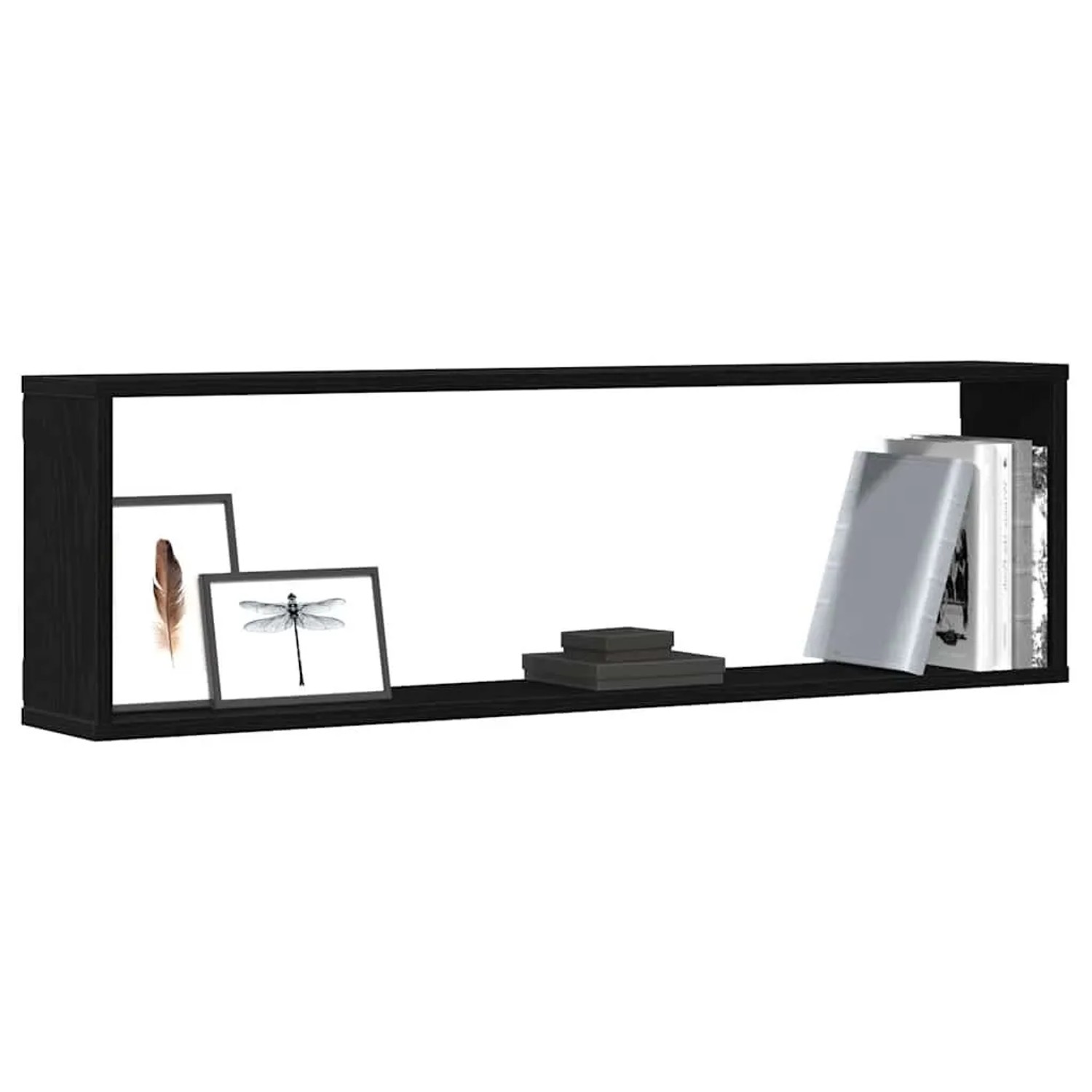Schwarzes Würfelregal in Eichen-Optik, 100x15x30 cm, zur Wandmontage. Regal zur Aufbewahrung von Büchern und Deko.