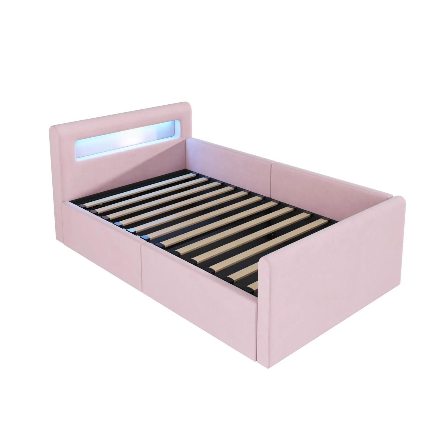 Merax Kinderbett 90x200cm Hydraulik LED USB Samt Rosa