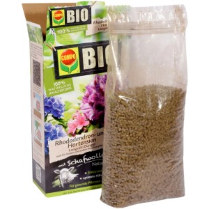 Compo Bio Rhododendron Langzeit-Dünger mit Schafwolle, 2 kg Packung und Pellets.