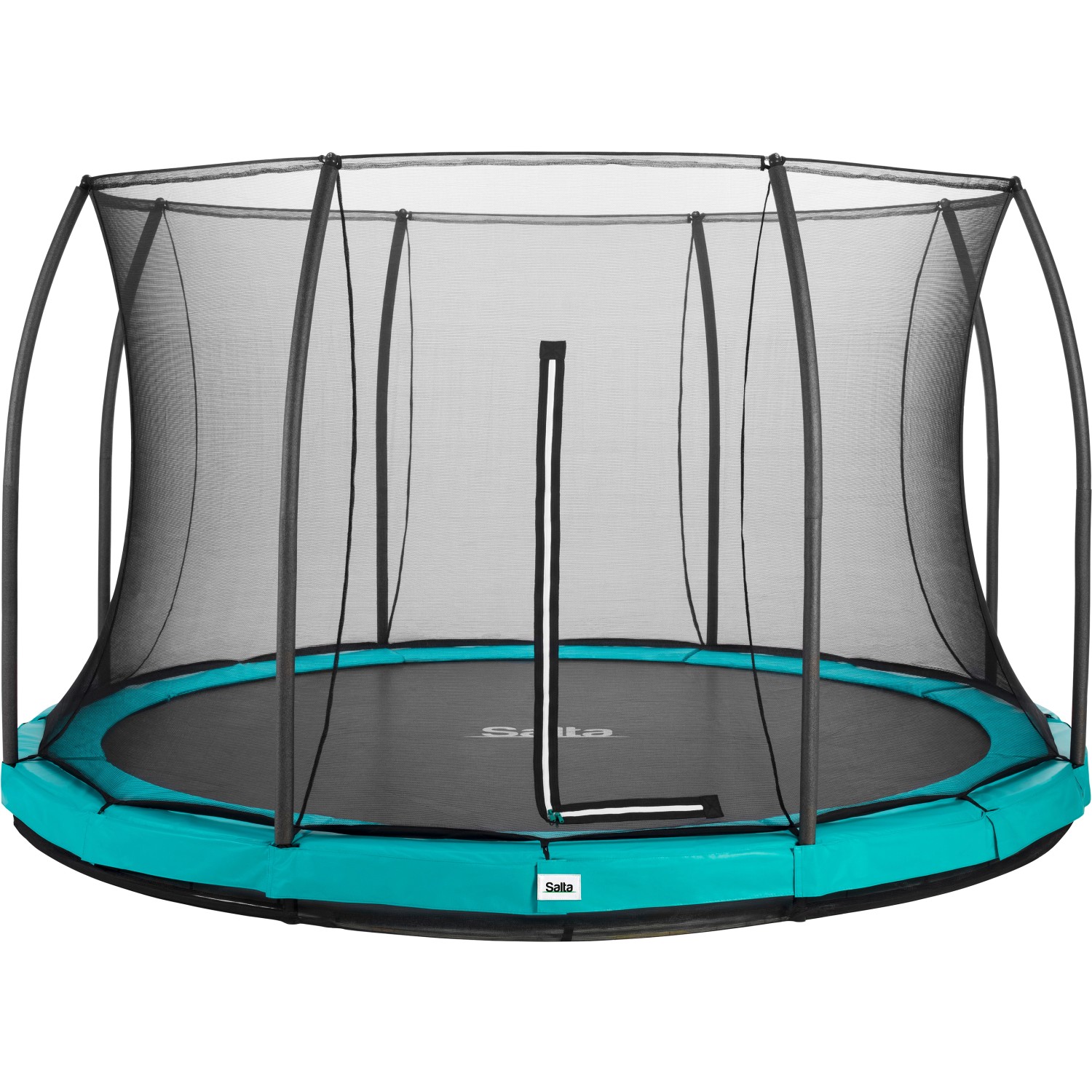 Grünes Salta Comfort Edition Bodentrampolin ø 427 cm mit Sicherheitsnetz.